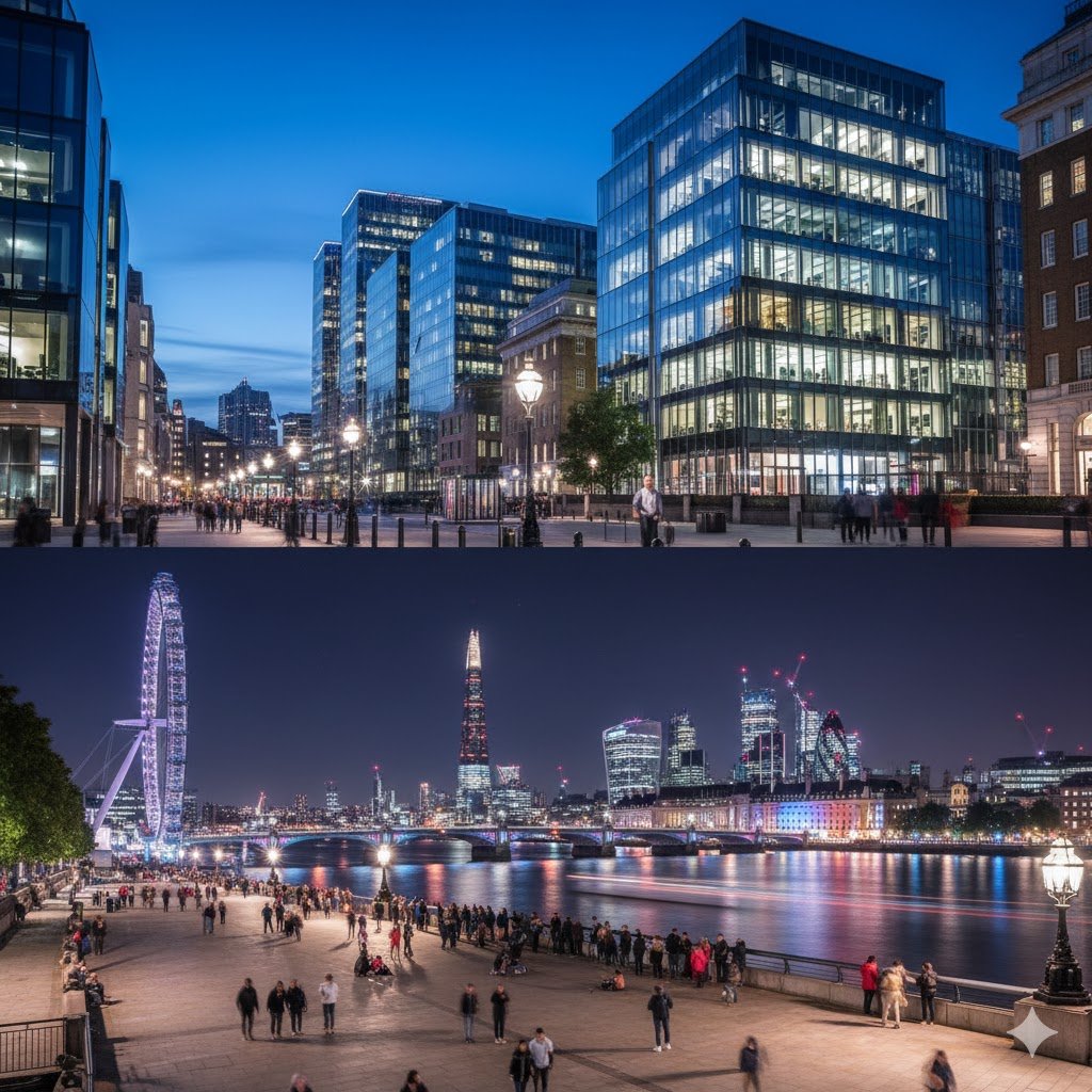 South-Bank-Buildings Modern glass office buildings on the South Bank, representing London’s media and digital agency infrastructure. Panoramic view of the South Bank riverside walk at night, showing the London Eye and the City skyline beyond the Thames.