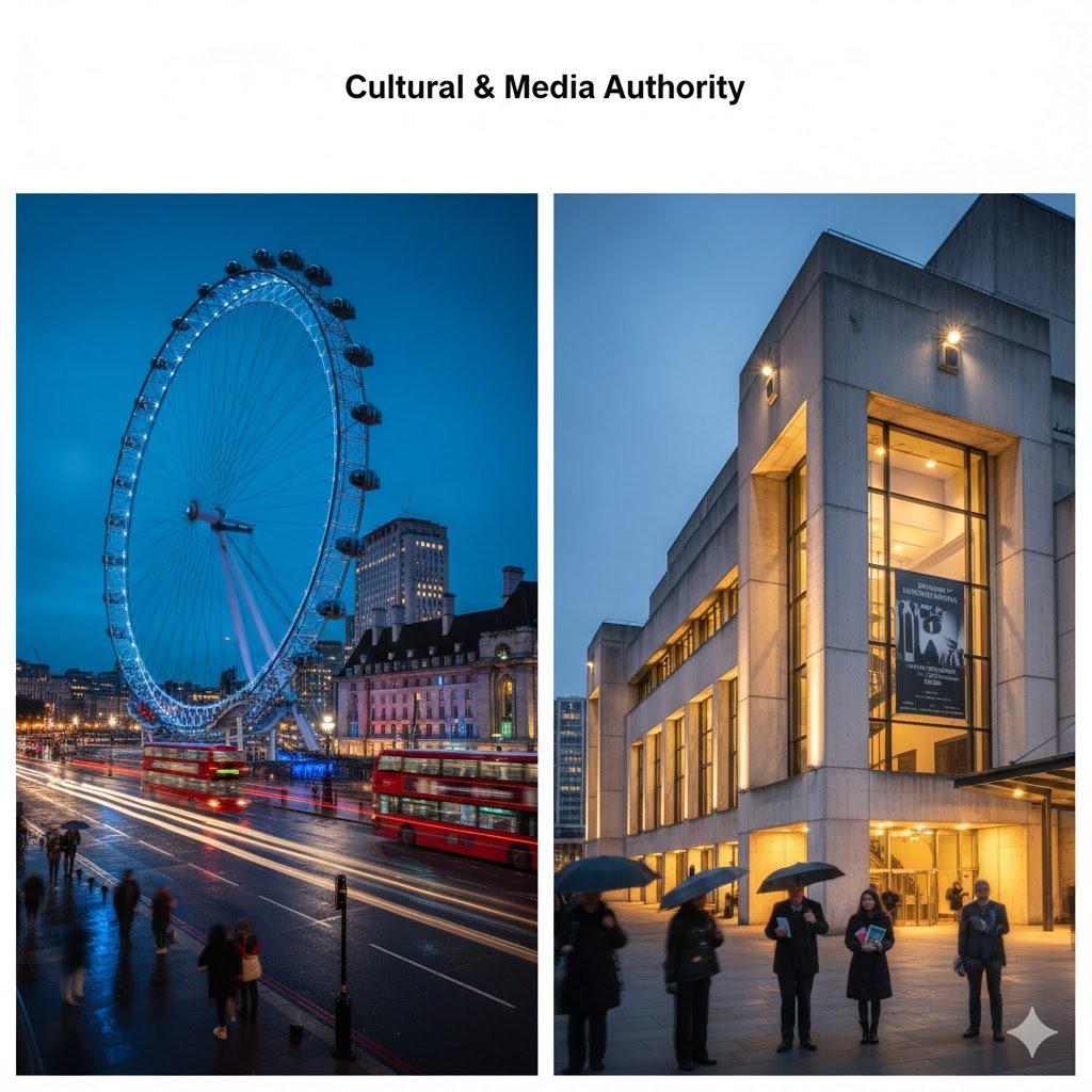 The London Wheel and Southbank Centre The London Eye at dusk with red bus light trails, and transport plus he brutalist architecture of the Southbank Centre at night infrastructure of the South Bank. Image 2: The